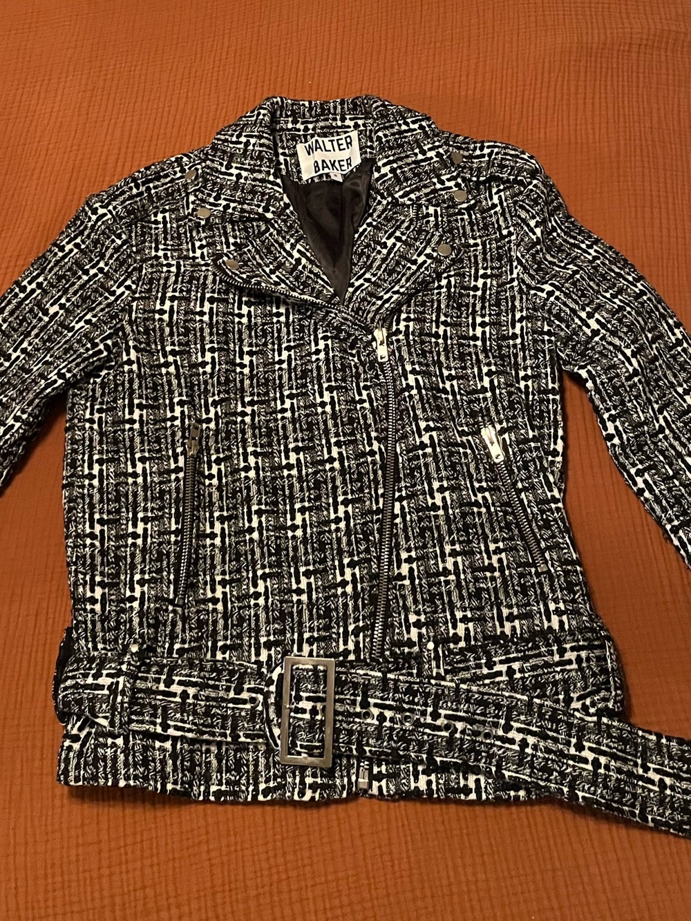 Walter Baker Black and White Tweed Moto Blazer